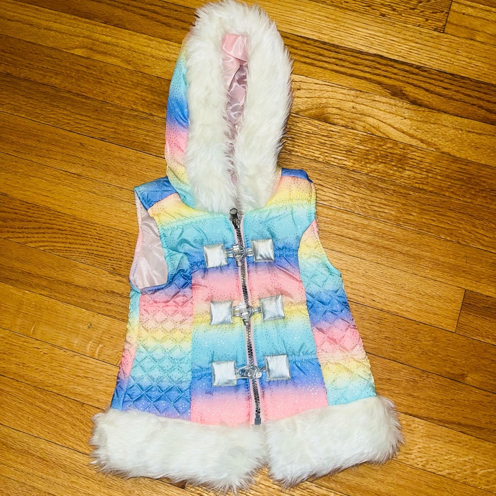 Rainbow/glittered Trimmed in White Faux Fur Size 3T Vest